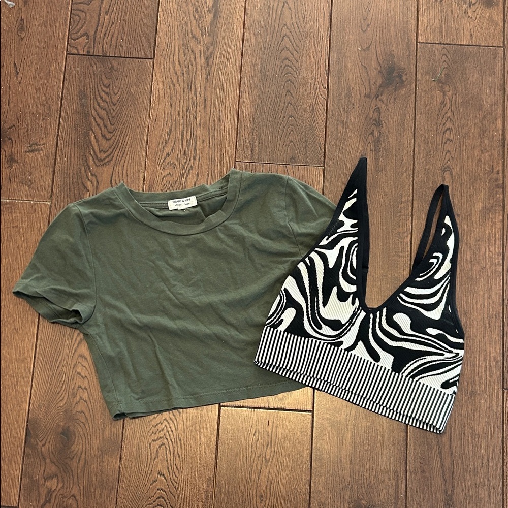 Garage Green Crop Top and Black & White Patterned Bralette